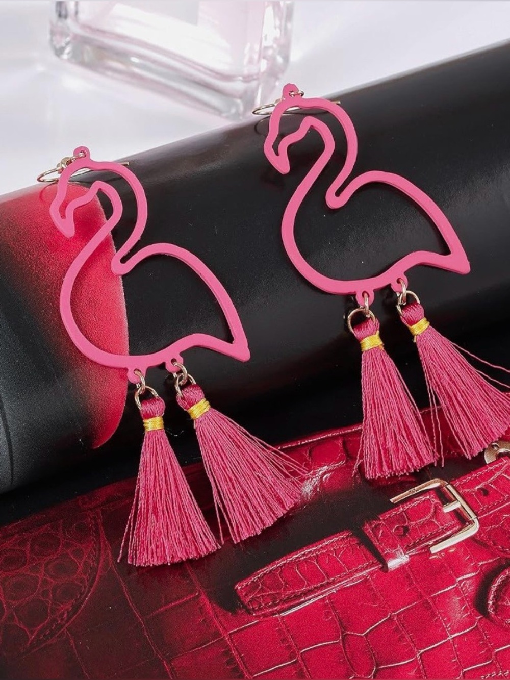 Vibrant Pink Flamingo NWOT Dangly Drop Earrings w/Tassels